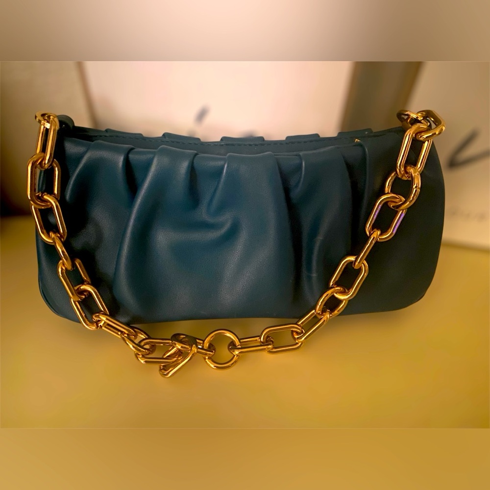 A New Day Teal with Gold Chain Ruched Clutch / Shoulder Bag